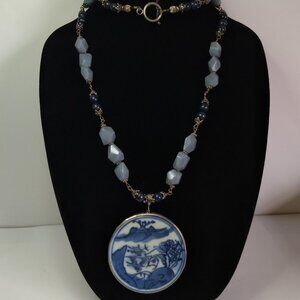 Blue Faceted Stone Necklace Round Blue White Ceramic Pendant Statement Art